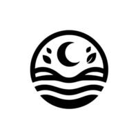 Minimalist Circular Crescent Moon and Leaf Silhouette above Rolling Hills and Water, Black and White . vector