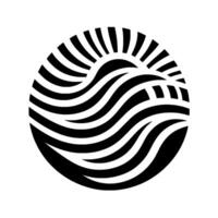 Abstract black and white of a stylized sun rising over waves, arranged within a circular frame, evoking serenity. vector