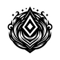 Intricate black and white symmetrical ornamental with a central diamond shape, encircled by stylized featherlike patterns and decorative elements. vector