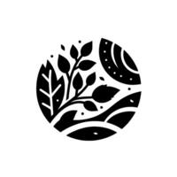 Minimalist Black and White Circular Leafy Branch, Crescent Moon, Rolling Hills, and Dotted Accents. vector