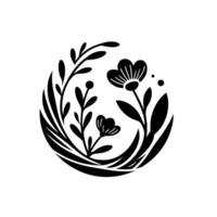 A Black and White Floral Emblem Featuring Two Blossoms, Berries, and Foliage Arranged in an Oval Composition. vector
