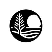 A stylized, black and white emblem within a circle, featuring a tree silhouette, sun, and water, suggesting a natural, tranquil scene. vector