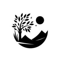 Minimalist Black and White Landscape Tree, Mountains, Sun, and Birds in a Circle of Natures Elements. vector