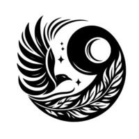 A Symbolic Black and White Illustration A Soaring Eagle Encircled by Crescent Moon, Stars, and Foliage, conveying freedom and night beauty. vector