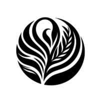 Elegant Black and White Abstract Composition of a Birdlike Silhouette with FloralLeafy Elements Contained Within a Circular Frame, Evoking Nature and Harmony. vector