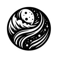 Celestial Yin Yang A stylized circular artwork depicting a moon, stars, and swirling elements against a black background, harmoniously balanced. vector