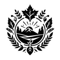 Black and white naturethemed circular emblem featuring mountains, sun, and leaves, encircled by a botanical wreath and a stylized maple leaf. vector