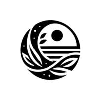 Minimalist Black and White Circular Featuring Sun, Leaves, Water, and Stars in a Stylized, Modern Composition. vector