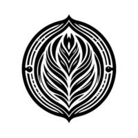 Intricate Black and White Ornamental Featuring Leafy Central Motif Enclosed within a Decorative Circular Frame on a Clean White Background. vector