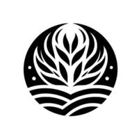 Abstract symmetrical black and white emblem, featuring a central plantlike shape within a circle, with stylized leaflike elements and layered lines. vector
