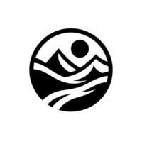 A stylized, black and white emblem featuring a mountain range, sun, and flowing water within a circular frame, evoking natures harmony. vector