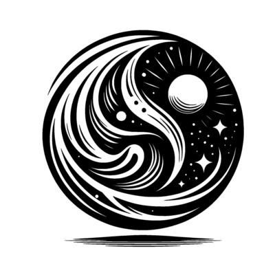 A YinYanginspired, swirling cosmic with sun, stars, and flowing elements, rendered in striking black and white.