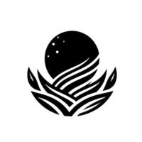 A stylized black and white illustration, featuring a large sphere with dots resting on a bed of curved, layered lines and leaflike shapes, suggesting a nest or nurturing environment. vector