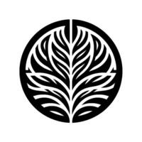 Stylized Black and White Circular Depicting a Branching, Leafy Tree Motif Within a Geometric Frame on a White Background. vector