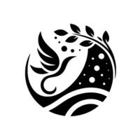 Abstract Black and White Depicting a Flying Dove with Leaves, Set Within a Circular Composition. vector