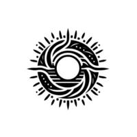 Black and white circular illustration of a stylized sun, with concentric patterns, rays, and a central open circle, on white backdrop. vector