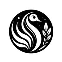 A stylized, minimalist featuring a swan with flowing feathers and a sprig of leaves, set within a black circular frame, evoking elegance and natural beauty. vector