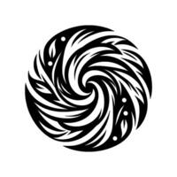 Bold, stylized circular featuring swirling black lines and organic shapes, set against a stark white background, creating a sense of movement and balance. vector