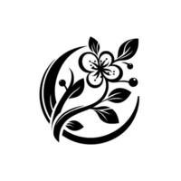Elegant Black and White Floral A stylized blossom with petals, leaves, and berries, artfully arranged within a crescentshaped frame, against a clean white background. vector