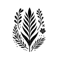 Symmetrical Botanical A monochrome illustration of stylized leaves, branches, flowers, and dots, arranged in an oval composition, evoking a sense of balance and simplicity. vector