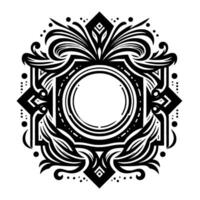 An intricate black and white circular ornament, featuring detailed floral elements, geometric shapes, and a central open circle, creating a symmetrical and decorative . vector