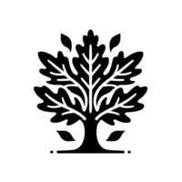 A stylized black and white illustration of a tree, featuring large, detailed leaves and a thick trunk, set against a clean white background. vector