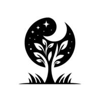 Black and white minimalist depicting a tree with leaves, a crescent moon, stars, and grass, embodying nature and the night sky. vector