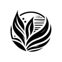 A stylized black and white circular featuring abstract leaves and geometric elements, encircled. vector