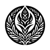 Elegant Black and White Botanical Mandala Featuring Detailed Leafy Forms within a Circular Frame, Radiating Symmetry. vector