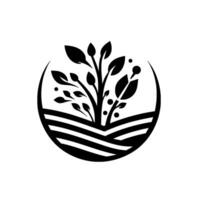 Monochrome illustration of a growing plant within a circular frame, surrounded by stylized fields and a clean white background. vector