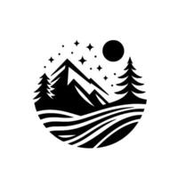 A black and white minimalist illustration within a circle, featuring a mountain range, pine trees, starry sky, moon, and stylized rolling hills. vector