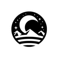 A minimalist black and white emblem featuring a crescent moon, stars, mountains, and sealike stripes, set within a circular border. vector