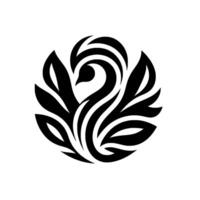 A minimalist black and white features a stylized swan or bird rendered in a circular composition. Its elegant curves and featherlike shapes create a aesthetic on a white background. vector