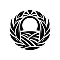 A symmetrical black and white circular of an archway or gate within a stylized leaf wreath, suggesting nature and unity. vector
