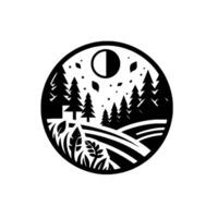 Minimalist Black and White Circular Illustration Depicting a Forest Landscape with Fields, Trees, Moon, and Autumn Leaves. vector