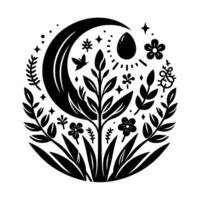 Intricate Black and White Floral Celestial A symmetrical composition featuring a crescent moon, sun with an egg, flora stars, arranged in a circular pattern. vector