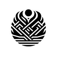 An abstract, symmetrical black and white within a circle, featuring intricate geometric patterns, stylized flames, and a central orb. vector