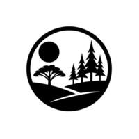 A minimalist black and white circular landscape silhouette featuring a sun, a lone deciduous tree, and a group of coniferous trees on a rolling terrain. vector