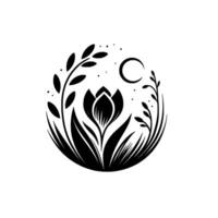 Black and White Botanical Illustration A stylized flower, crescent moon, stars, and foliage arranged in a circular frame. vector