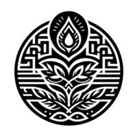 Intricate black and white circular floral , evoking a stylized botanical emblem with layers of geometric patterns and a central teardrop element. vector