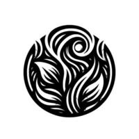 A symmetrical black and white circular featuring stylized plant forms, swirling lines, and leaf shapes, conveying a sense of natural elegance and balance. vector