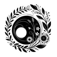 Intricate Black and White Floral Mandala with a Central Circular Motif and Ornamental Elements. vector