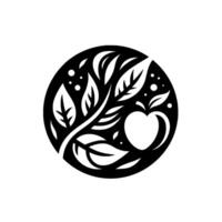 Black and White Circular An Apple and Leafy Branch Ornament, Simple, , and Minimalist Aesthetic. vector