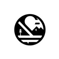 A minimalist black and white circular depicting a stylized mountain scene with a rising sun or moon, a simple tree, and a horizontal line, suggesting a landscape within a circle. vector