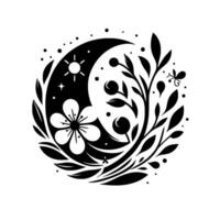 Celestial Yin Yang floral depicting a crescent moon with sun, stars, flower, butterfly, berries, and leaves in a symmetrical, minimalist style. vector
