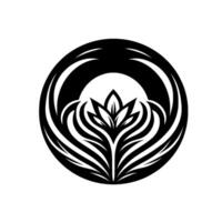 Circular Black and White Lotus Emblem A stylized floral within concentric arcs, symbolizing harmony and balance. vector
