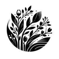 Stylized Black and White Floral Composition Within a Circle Leaves, Buds, and Elements. vector
