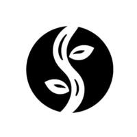 Monochromatic emblem featuring a white, sinuous stem with three leaves, gracefully intersecting a black circular background. vector