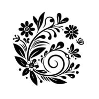 Intricate Black and White Floral Ornament A symmetrical featuring stylized flowers, leaves, and swirling patterns, accented by a small butterfly against a clean white backdrop. vector