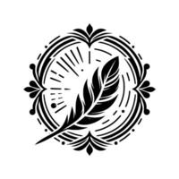 Elegant Black Feather Illustration within Ornate Circular , Evoking a Sense of Grace, Creativity and Artistic Expression. vector